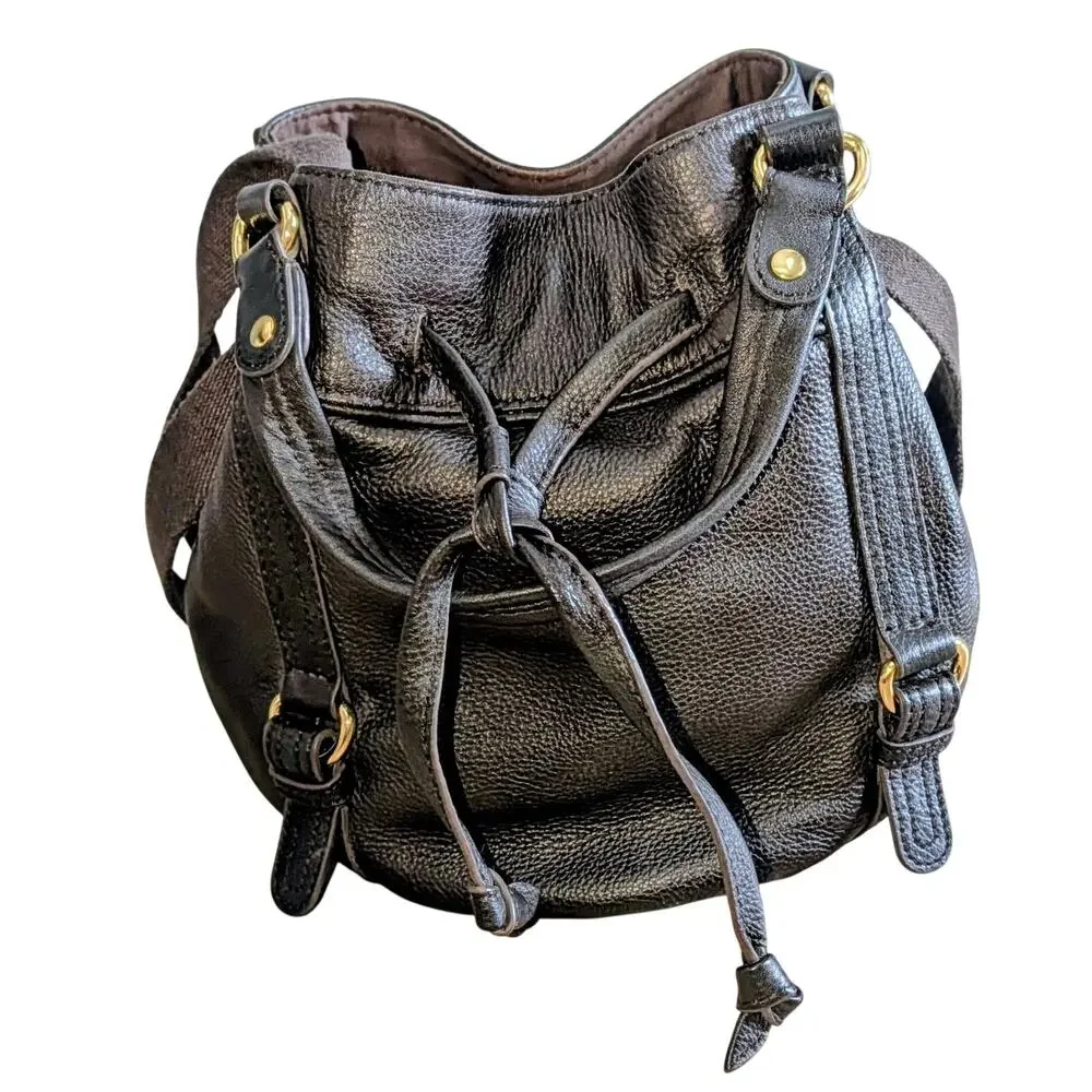 The Sak Kedzie Brown Pebbled Leather Bucket Hobo Bag Gold Hardware